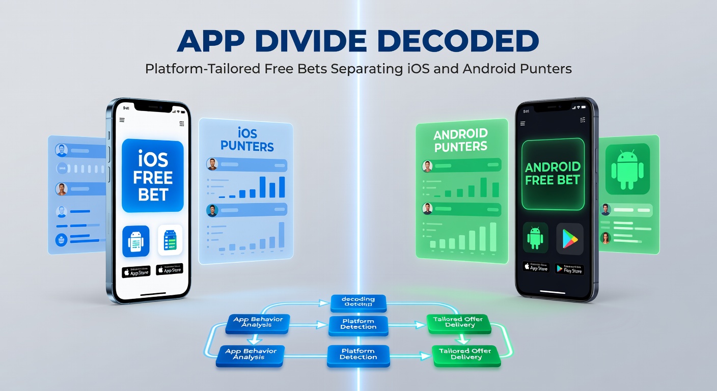 Split-screen graphic comparing Android app with stacked free bet icons against iOS app showing premium single-bet offers, emphasizing the platform divide