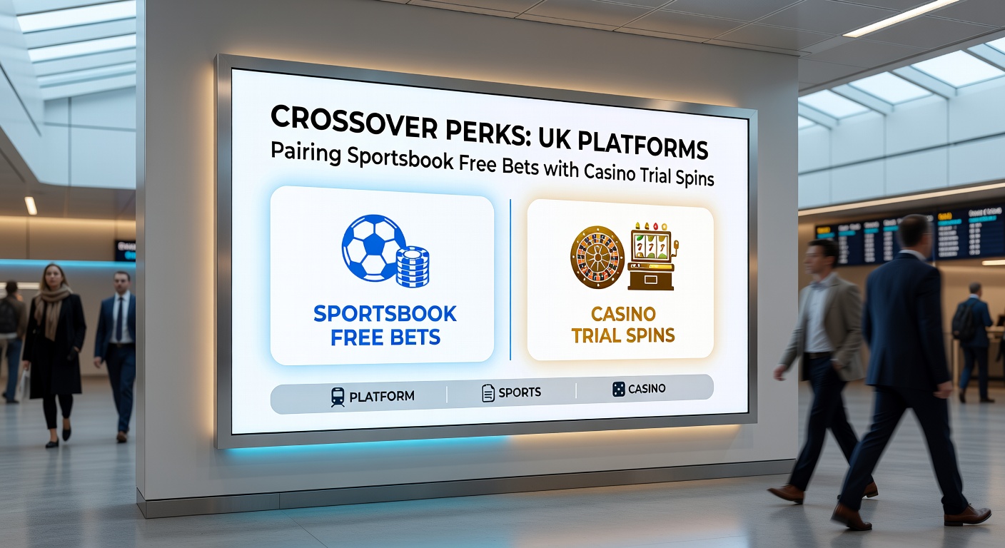 Close-up of a mobile betting interface featuring a crossover promotion banner with free bets for horse racing and free casino spins, set against a backdrop of sports events