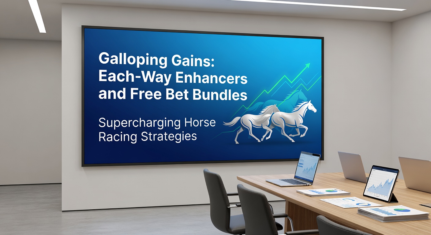 Close-up of a bookmaker app displaying each-way enhancer promotions alongside free bet bundle offers during a live horse race