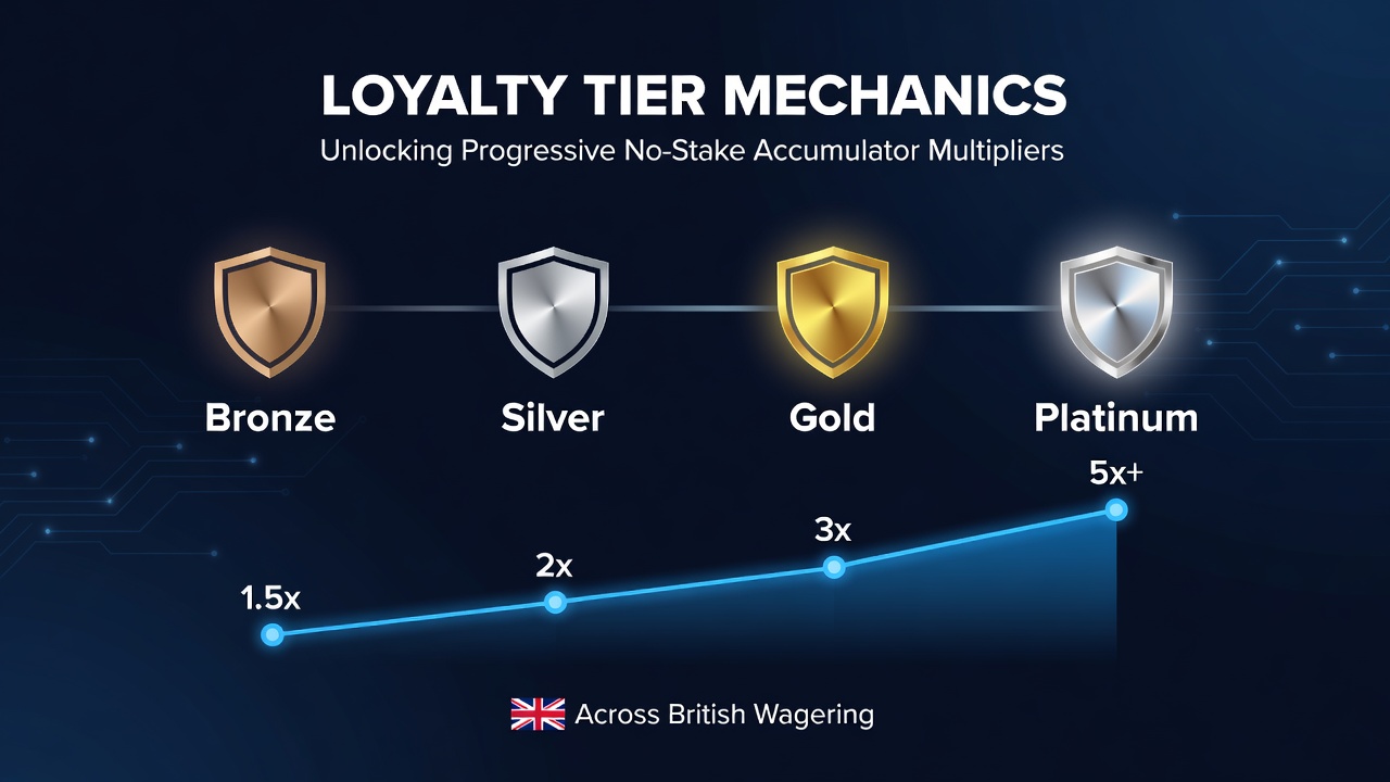 Infographic illustrating tier progression and accumulator multiplier unlocks on wagering apps