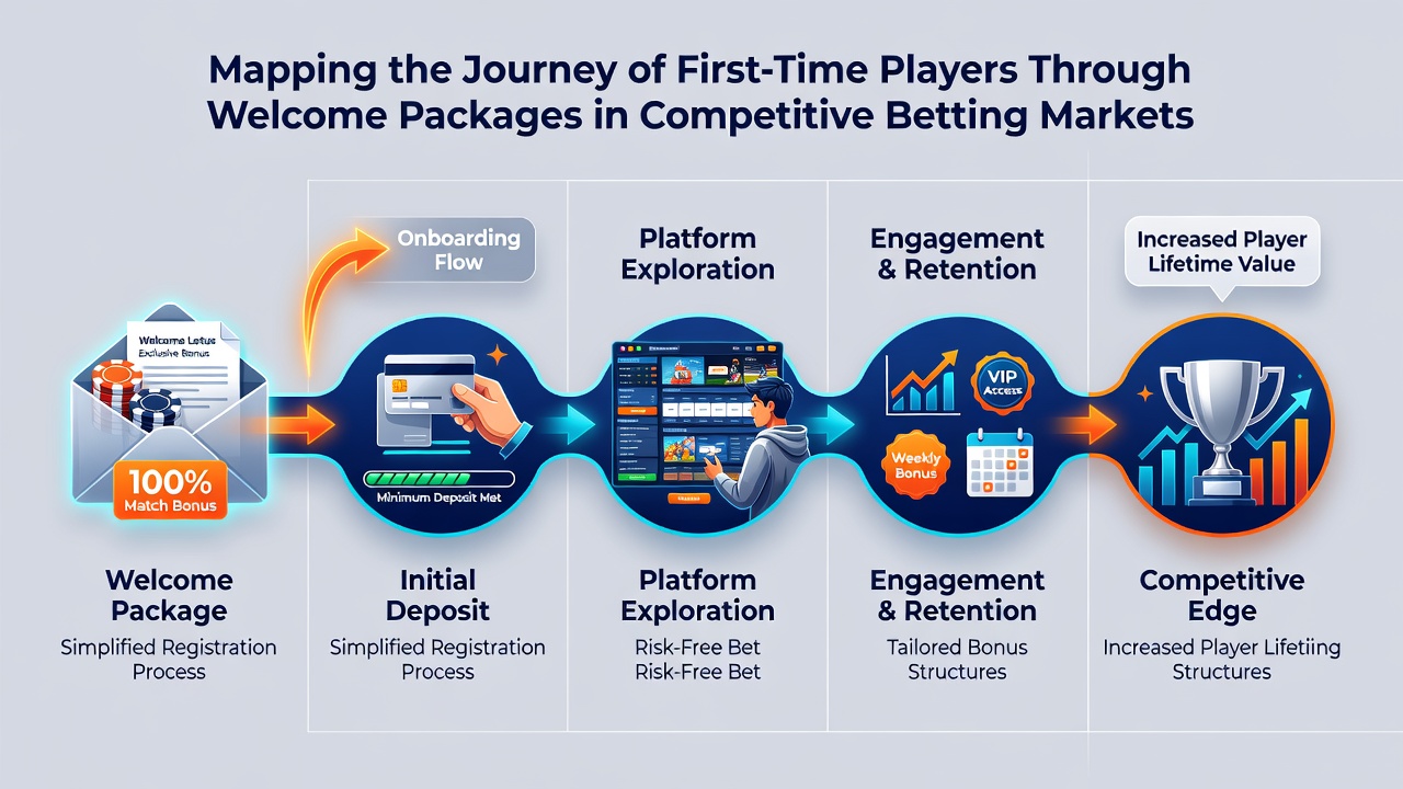 Infographic illustrating user pathways, bonus milestones, and retention stages in competitive betting welcome offers
