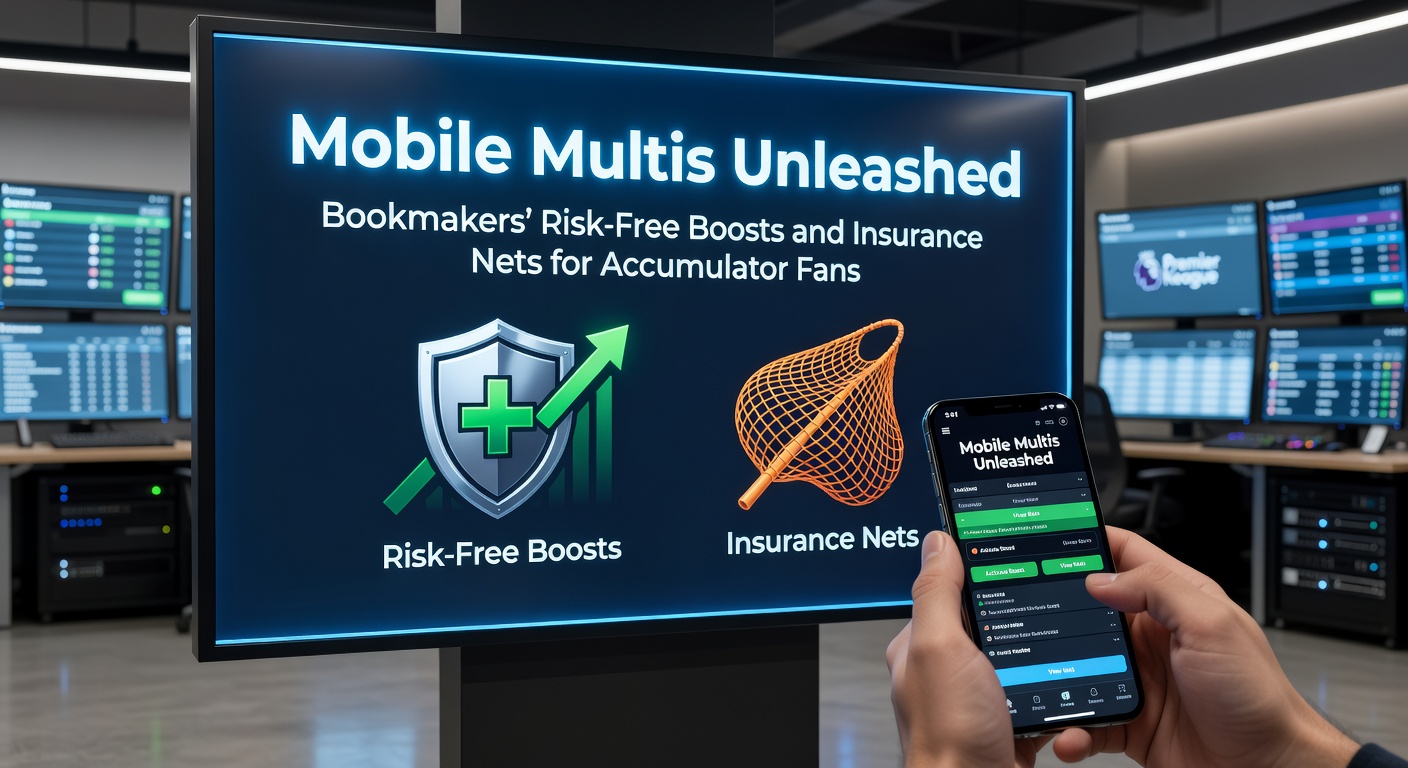 Illustration of a safety net catching falling accumulator bet icons, with mobile phone in foreground showing insurance claim activated on a bet slip