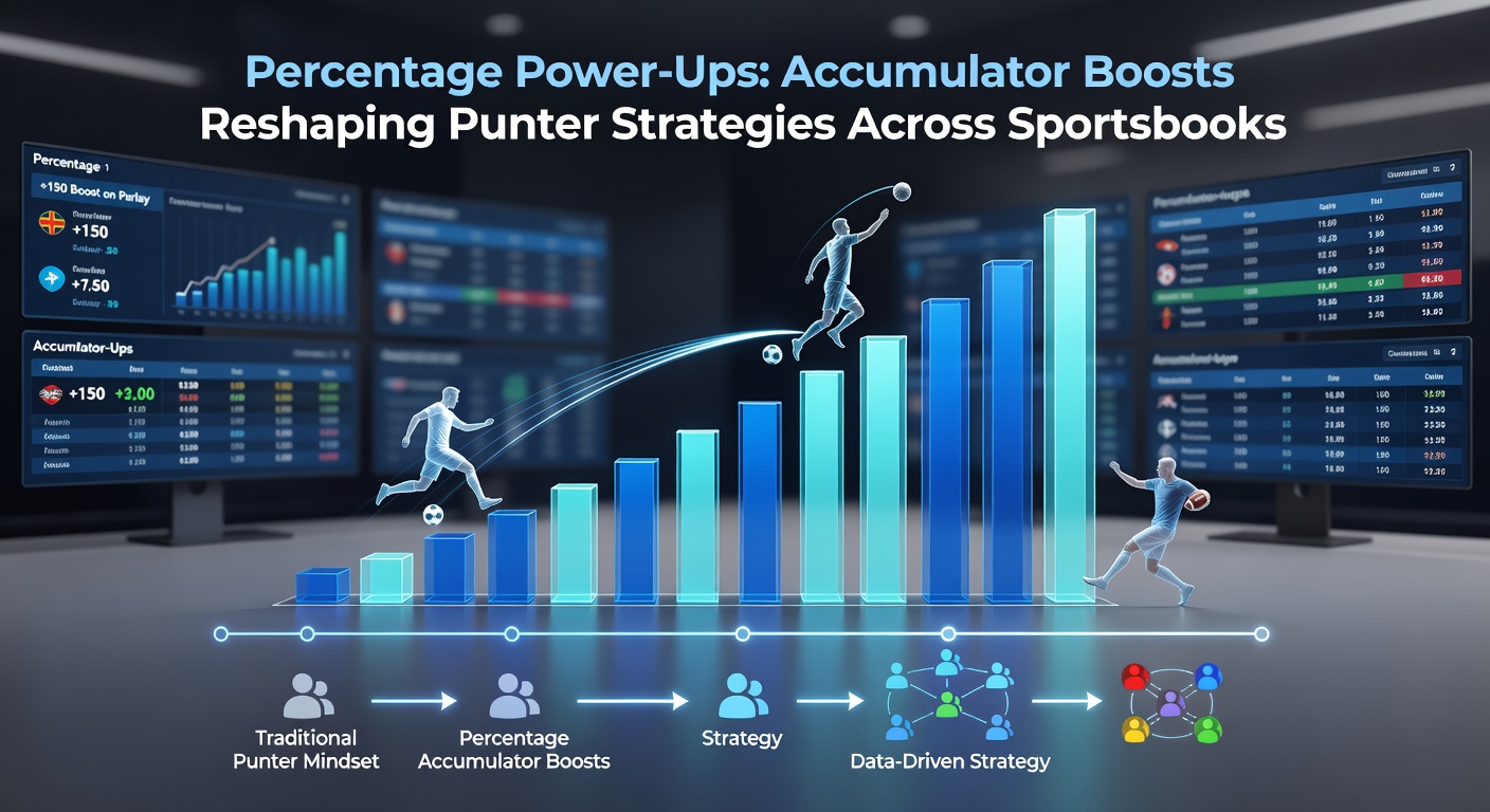 Screenshot collage of sportsbook apps displaying active accumulator boost promotions with percentage sliders and example payouts